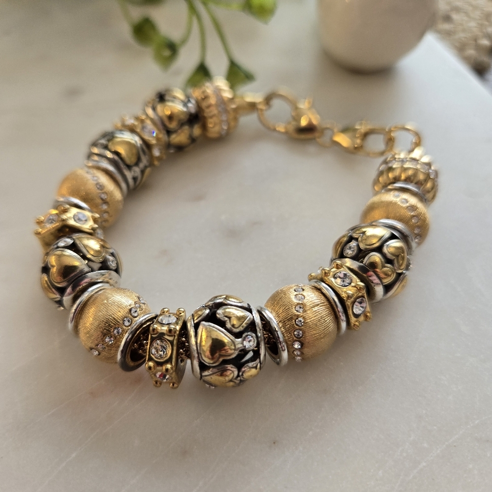 Brighton Elegant Gold and Silver Beaded Bracelet With Hearts